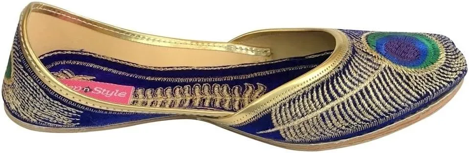 Womens Khussa Shoes Punjabi Peacock Jutti Flat Ballet Jaipuri Sandal Blue