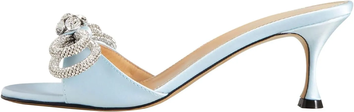 Women's Kitten Heel Round Open Toe Rhinestones Double Bows Slide Sandals Comfortable Slip On High Heel Crystals Mule Shoes Prom Party Heeled Sandals for Women