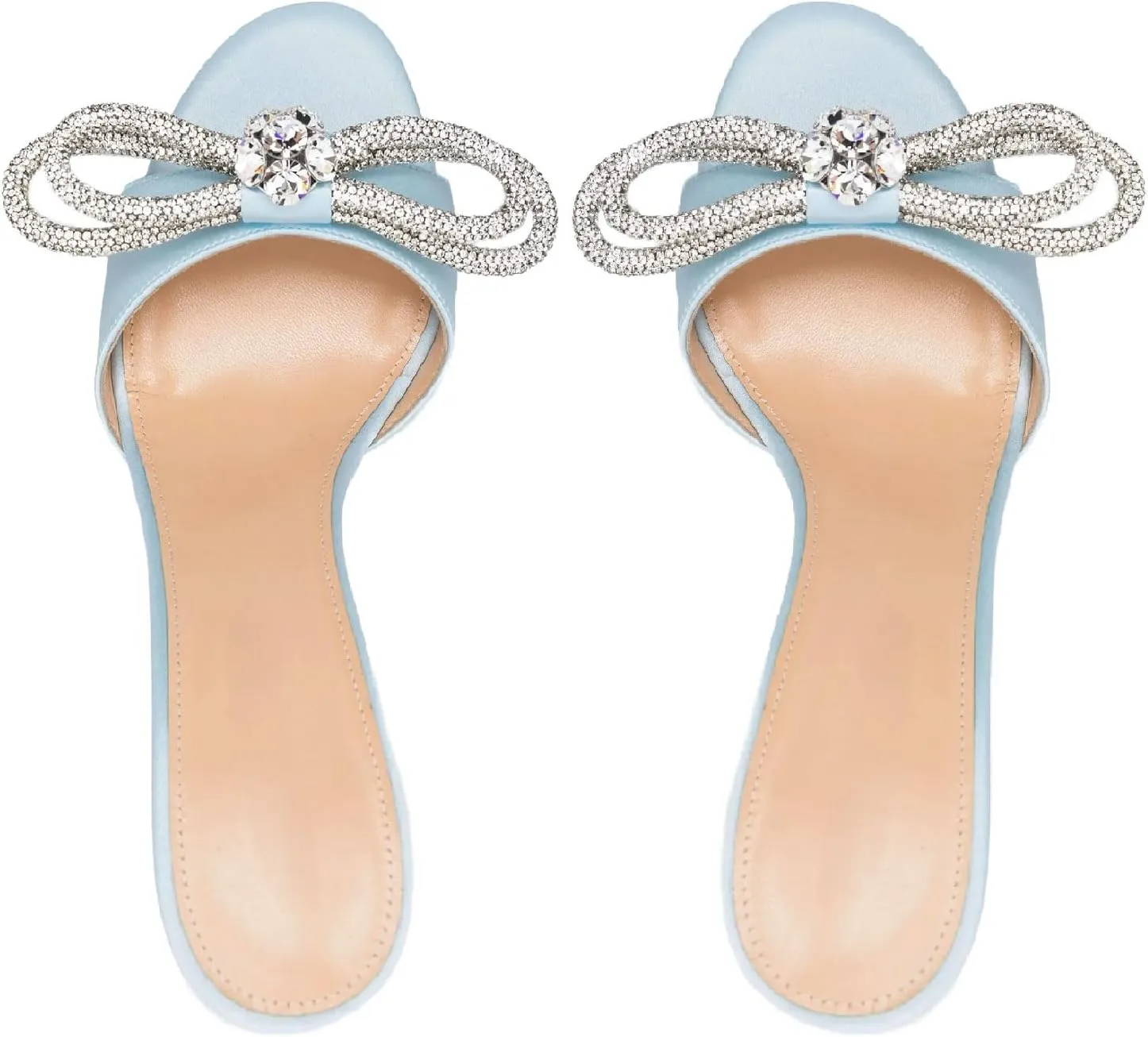 Women's Kitten Heel Round Open Toe Rhinestones Double Bows Slide Sandals Comfortable Slip On High Heel Crystals Mule Shoes Prom Party Heeled Sandals for Women