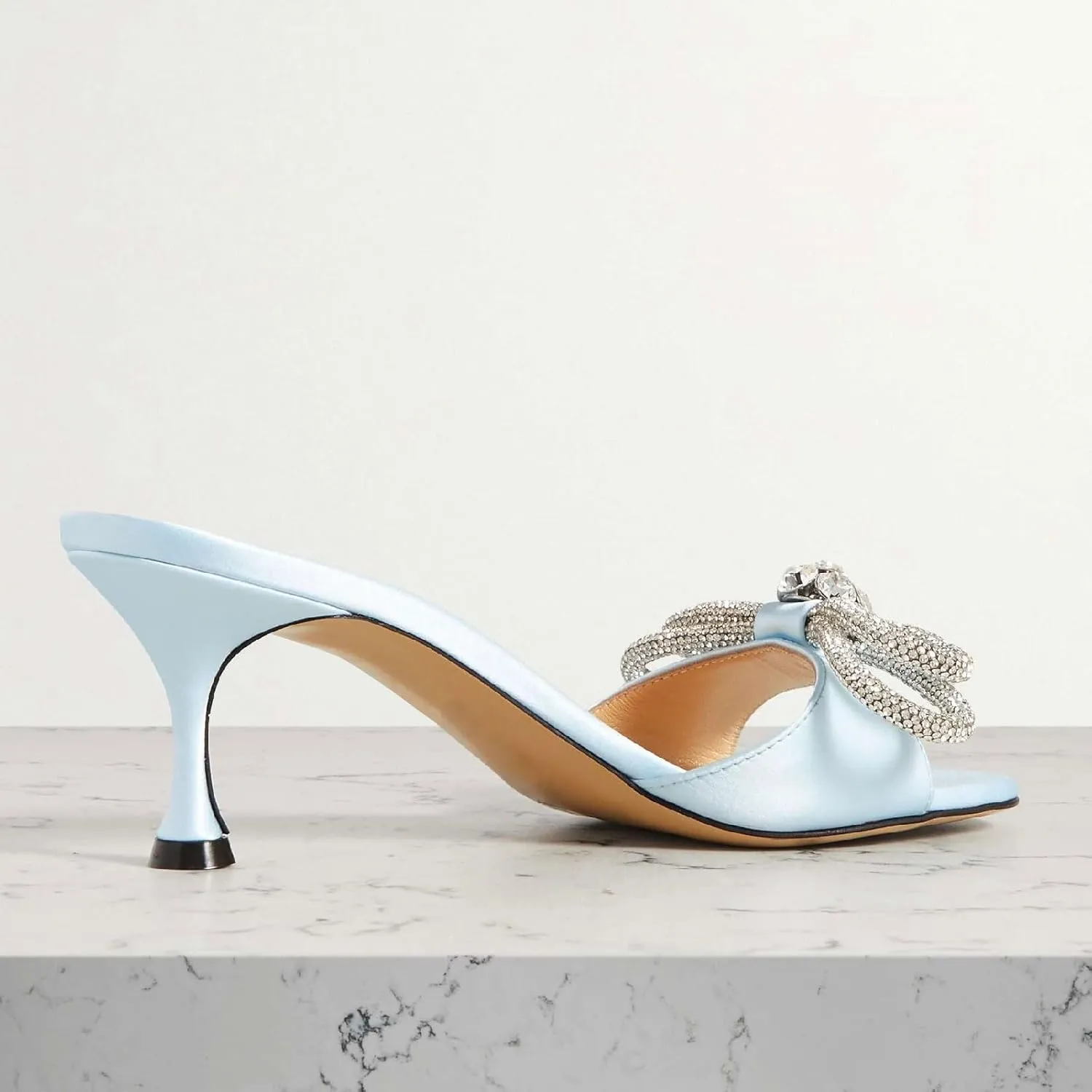 Women's Kitten Heel Round Open Toe Rhinestones Double Bows Slide Sandals Comfortable Slip On High Heel Crystals Mule Shoes Prom Party Heeled Sandals for Women