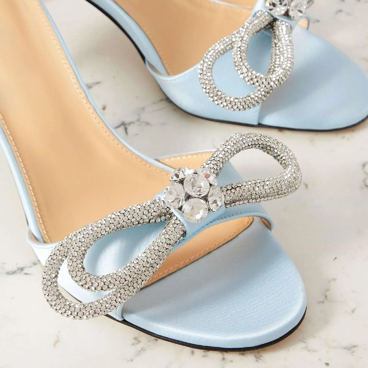 Women's Kitten Heel Round Open Toe Rhinestones Double Bows Slide Sandals Comfortable Slip On High Heel Crystals Mule Shoes Prom Party Heeled Sandals for Women