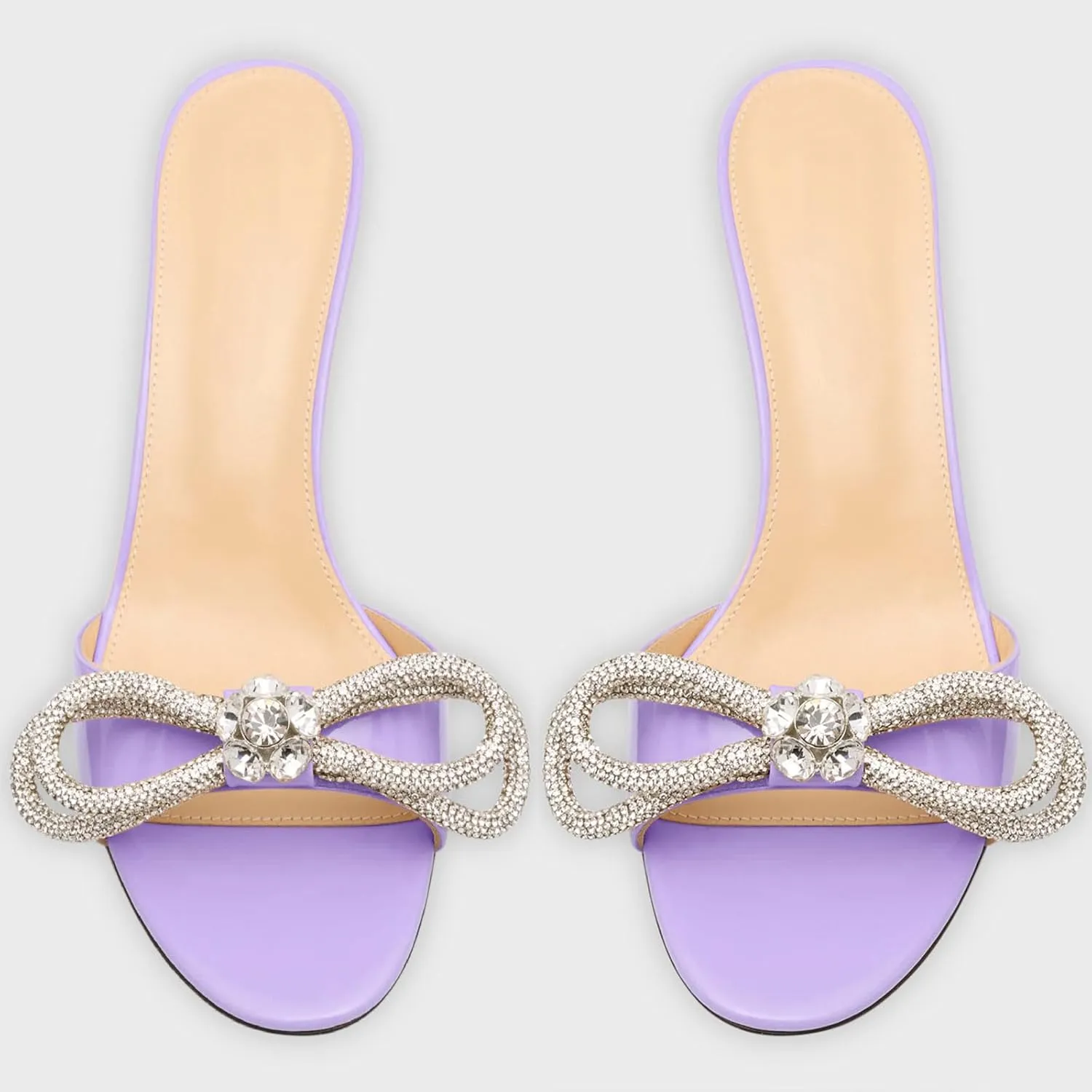 Women's Kitten Heel Round Open Toe Rhinestones Double Bows Slide Sandals Comfortable Slip On High Heel Crystals Mule Shoes Prom Party Heeled Sandals for Women