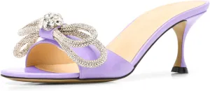 Women's Kitten Heel Round Open Toe Rhinestones Double Bows Slide Sandals Comfortable Slip On High Heel Crystals Mule Shoes Prom Party Heeled Sandals for Women