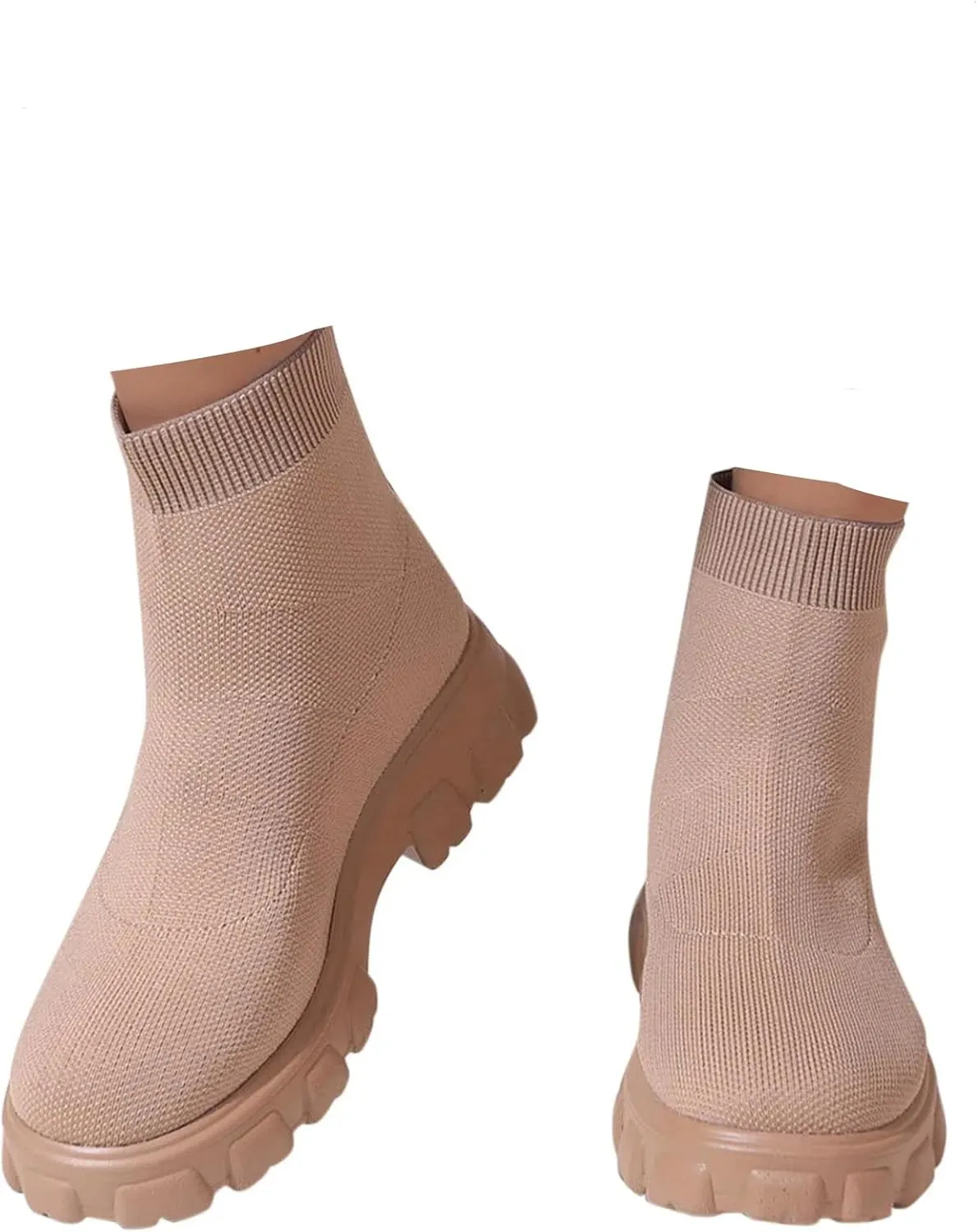 Women's Knit Sock Chelsea Boots Fashion Slip on Platform Ankle Boots Stretch Mesh Lug Sole Chunky Slip On Booties