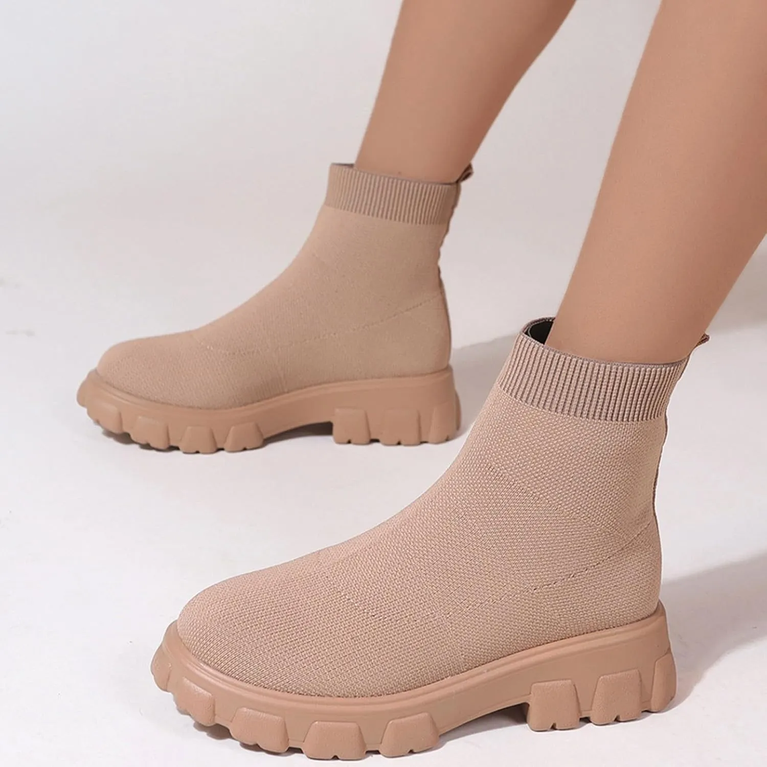 Women's Knit Sock Chelsea Boots Fashion Slip on Platform Ankle Boots Stretch Mesh Lug Sole Chunky Slip On Booties