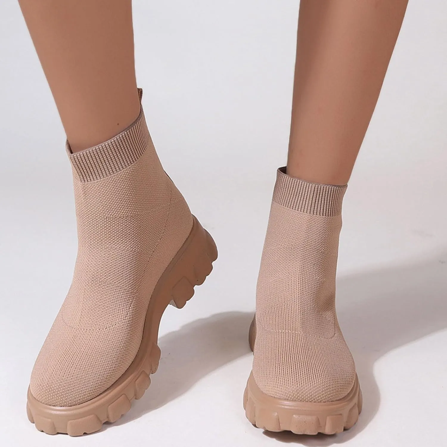 Women's Knit Sock Chelsea Boots Fashion Slip on Platform Ankle Boots Stretch Mesh Lug Sole Chunky Slip On Booties