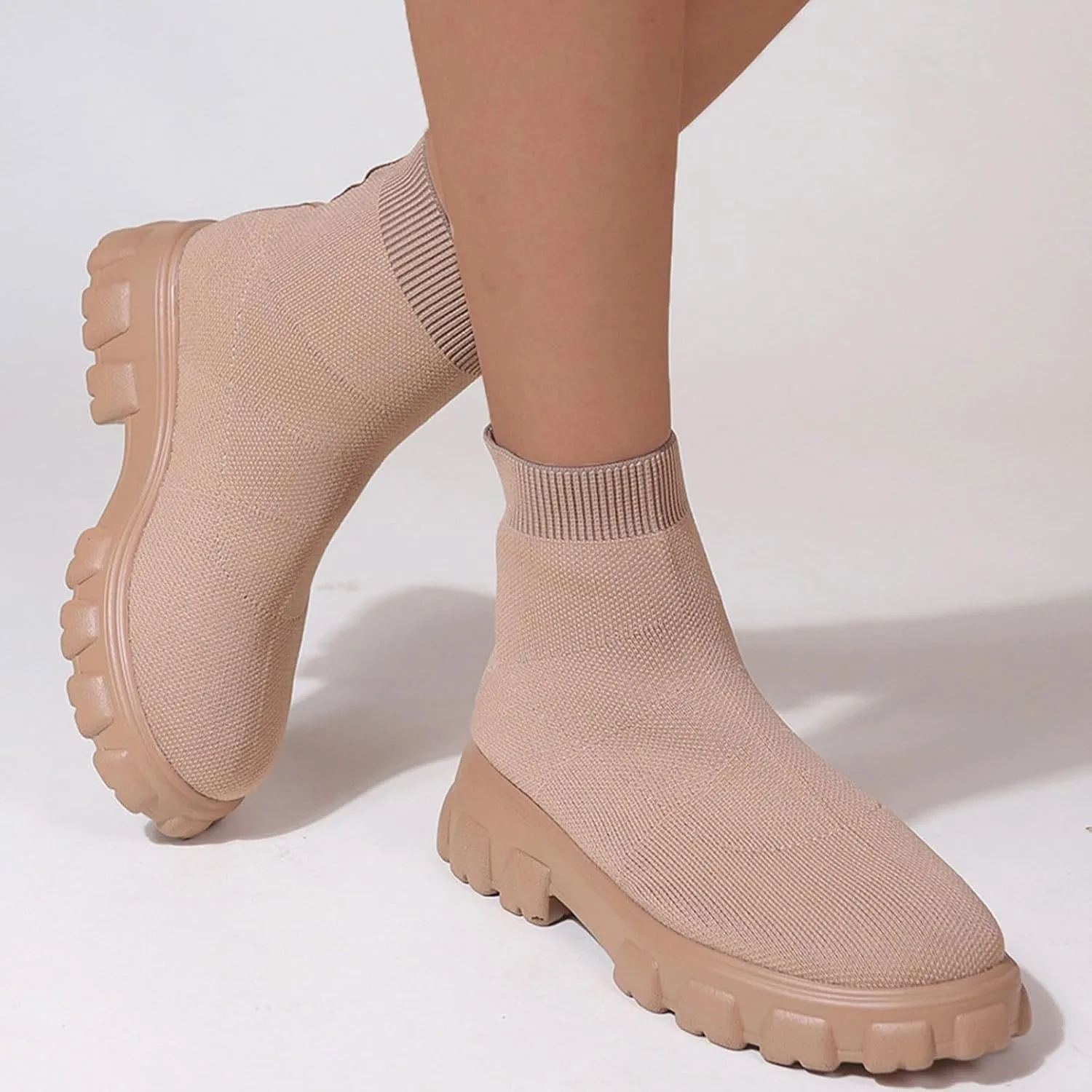 Women's Knit Sock Chelsea Boots Fashion Slip on Platform Ankle Boots Stretch Mesh Lug Sole Chunky Slip On Booties
