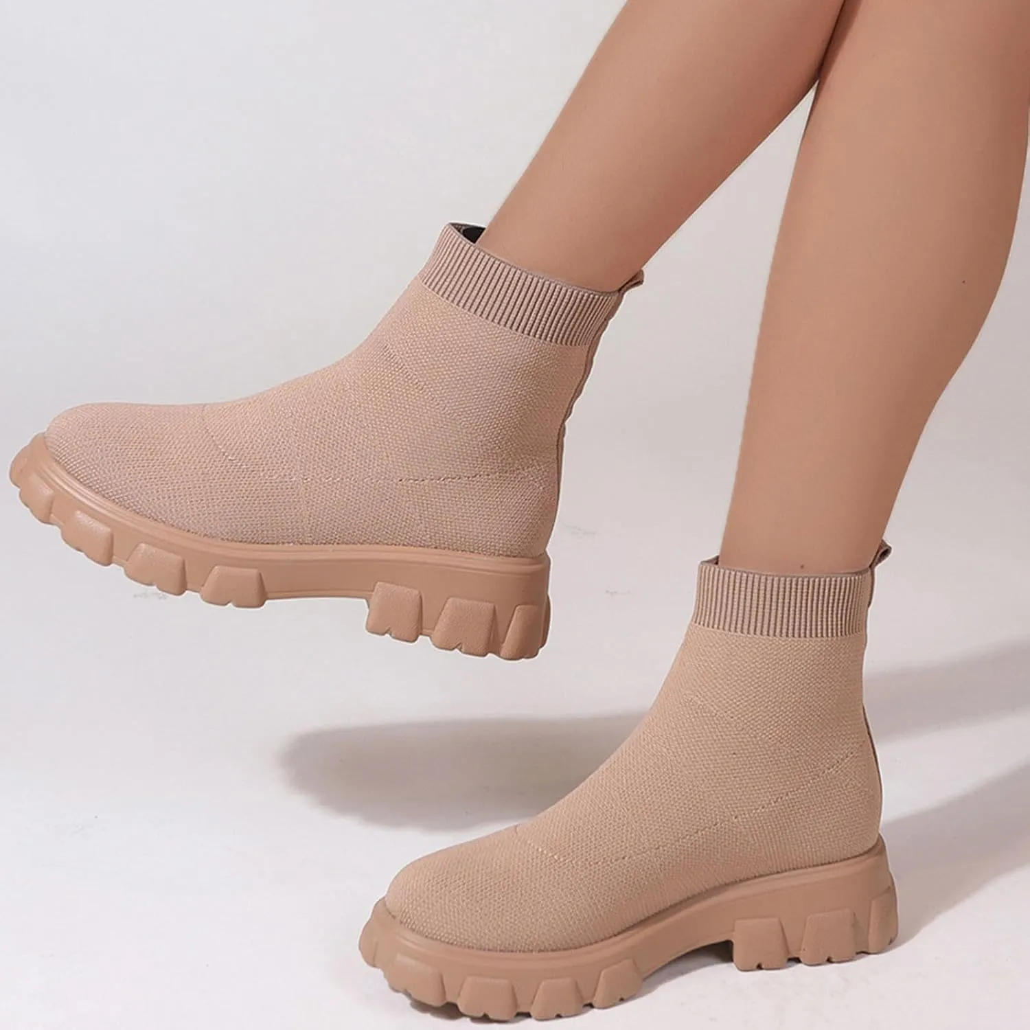 Women's Knit Sock Chelsea Boots Fashion Slip on Platform Ankle Boots Stretch Mesh Lug Sole Chunky Slip On Booties