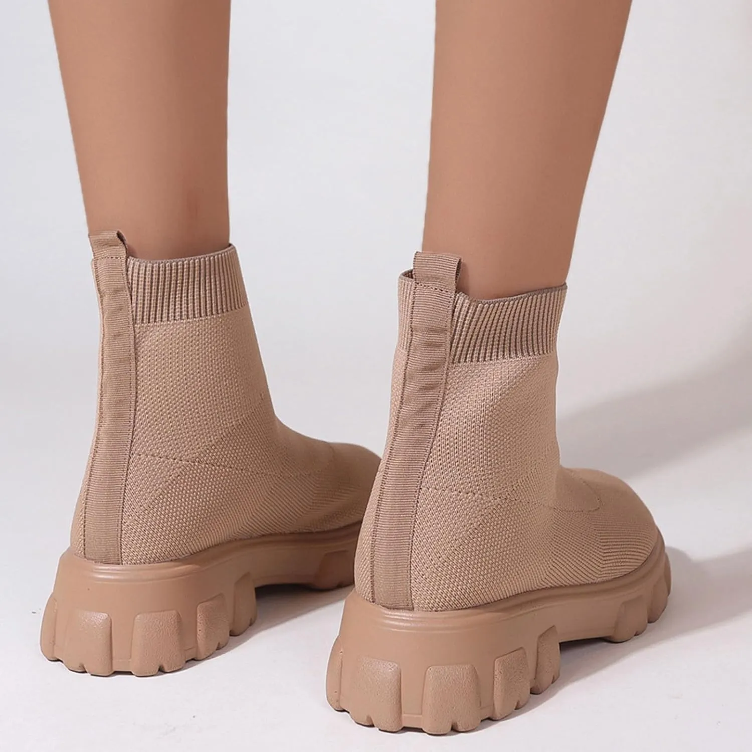 Women's Knit Sock Chelsea Boots Fashion Slip on Platform Ankle Boots Stretch Mesh Lug Sole Chunky Slip On Booties