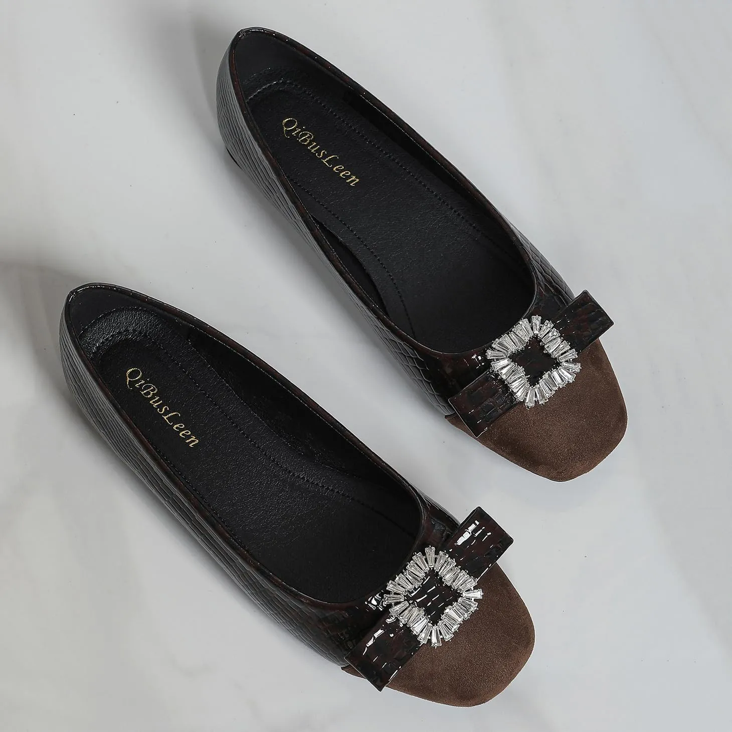 Women's Leather Dressy Ballet Flats with Bow Slip On Flat with Crocodile Pattern Cap Toe Flats Womens Casual Work Office Ballerina Flat Shoes, Crystal Buckle