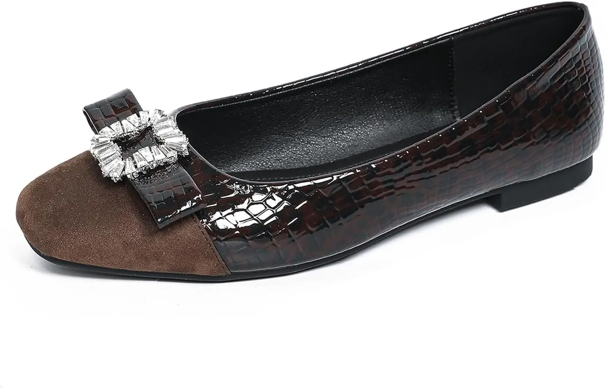 Women's Leather Dressy Ballet Flats with Bow Slip On Flat with Crocodile Pattern Cap Toe Flats Womens Casual Work Office Ballerina Flat Shoes, Crystal Buckle
