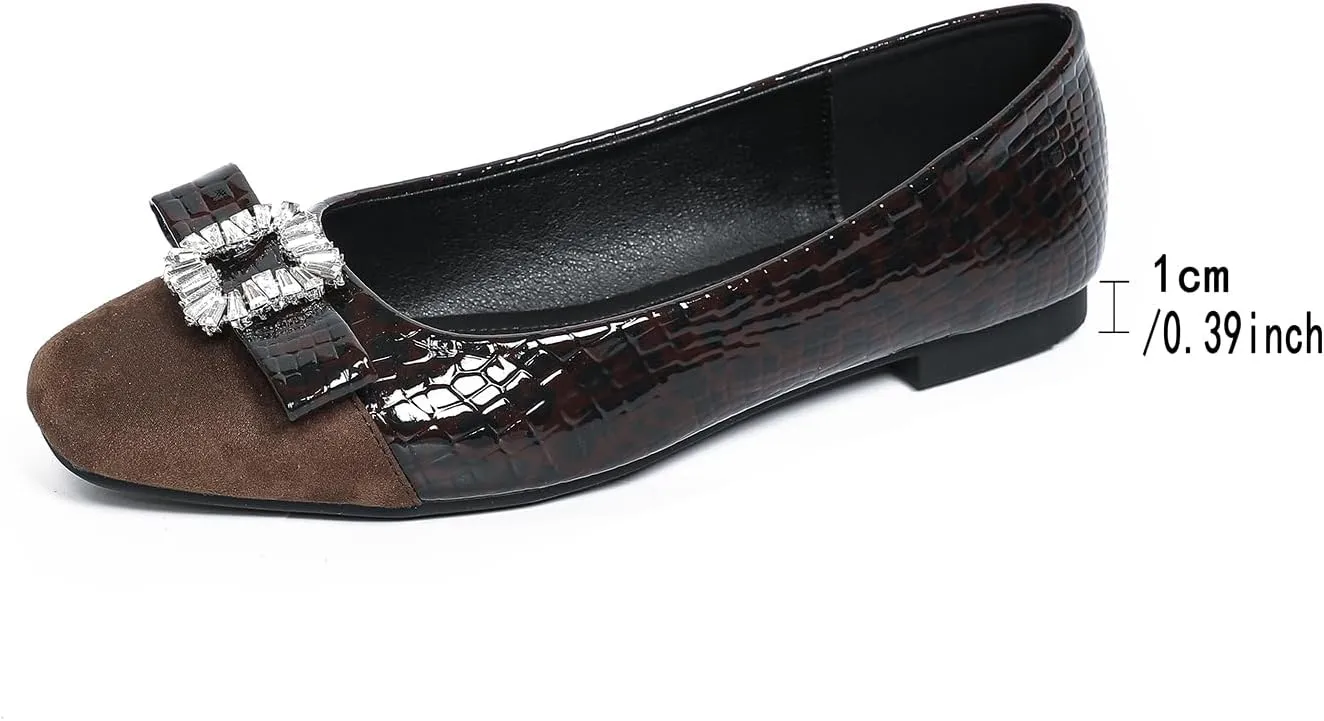 Women's Leather Dressy Ballet Flats with Bow Slip On Flat with Crocodile Pattern Cap Toe Flats Womens Casual Work Office Ballerina Flat Shoes, Crystal Buckle