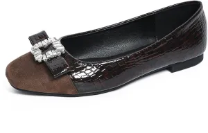 Women's Leather Dressy Ballet Flats with Bow Slip On Flat with Crocodile Pattern Cap Toe Flats Womens Casual Work Office Ballerina Flat Shoes, Crystal Buckle