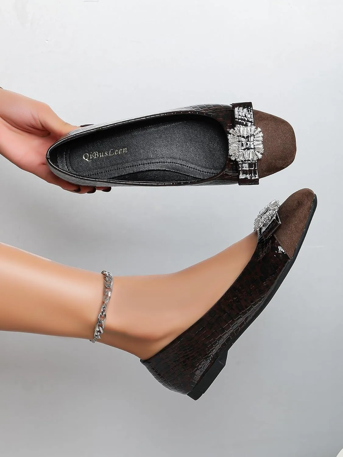 Women's Leather Dressy Ballet Flats with Bow Slip On Flat with Crocodile Pattern Cap Toe Flats Womens Casual Work Office Ballerina Flat Shoes, Crystal Buckle