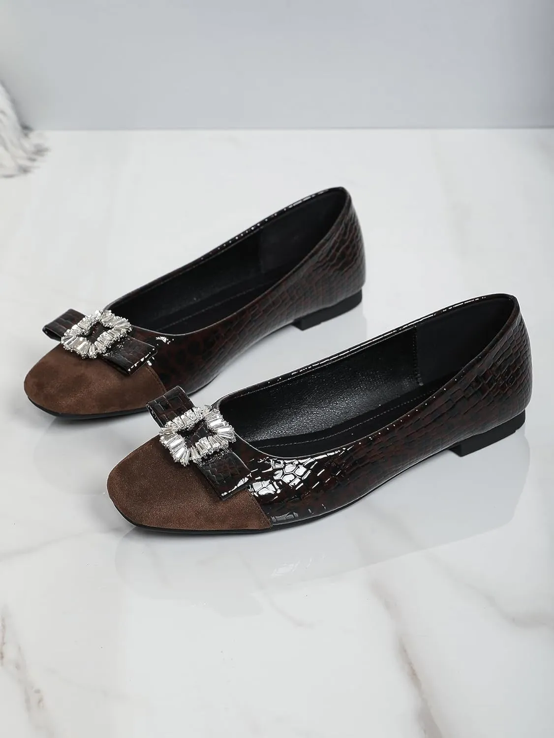 Women's Leather Dressy Ballet Flats with Bow Slip On Flat with Crocodile Pattern Cap Toe Flats Womens Casual Work Office Ballerina Flat Shoes, Crystal Buckle