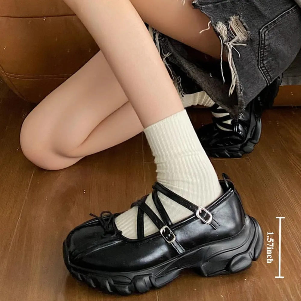 Women's Mary Jane Shoes Chunky Heel with Bow Breathable Comfortable Height Increase for Casual Workouts Everyday Wear
