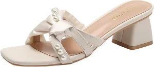 Women's Pearl Bow Square Open Toe Mid Chunky Heel Walking Slide Sandals Slip On Fashion Elegant Comfort Low Block Heel Mule Sandals Wedding Party DressHeel Backless Sandal Shoes