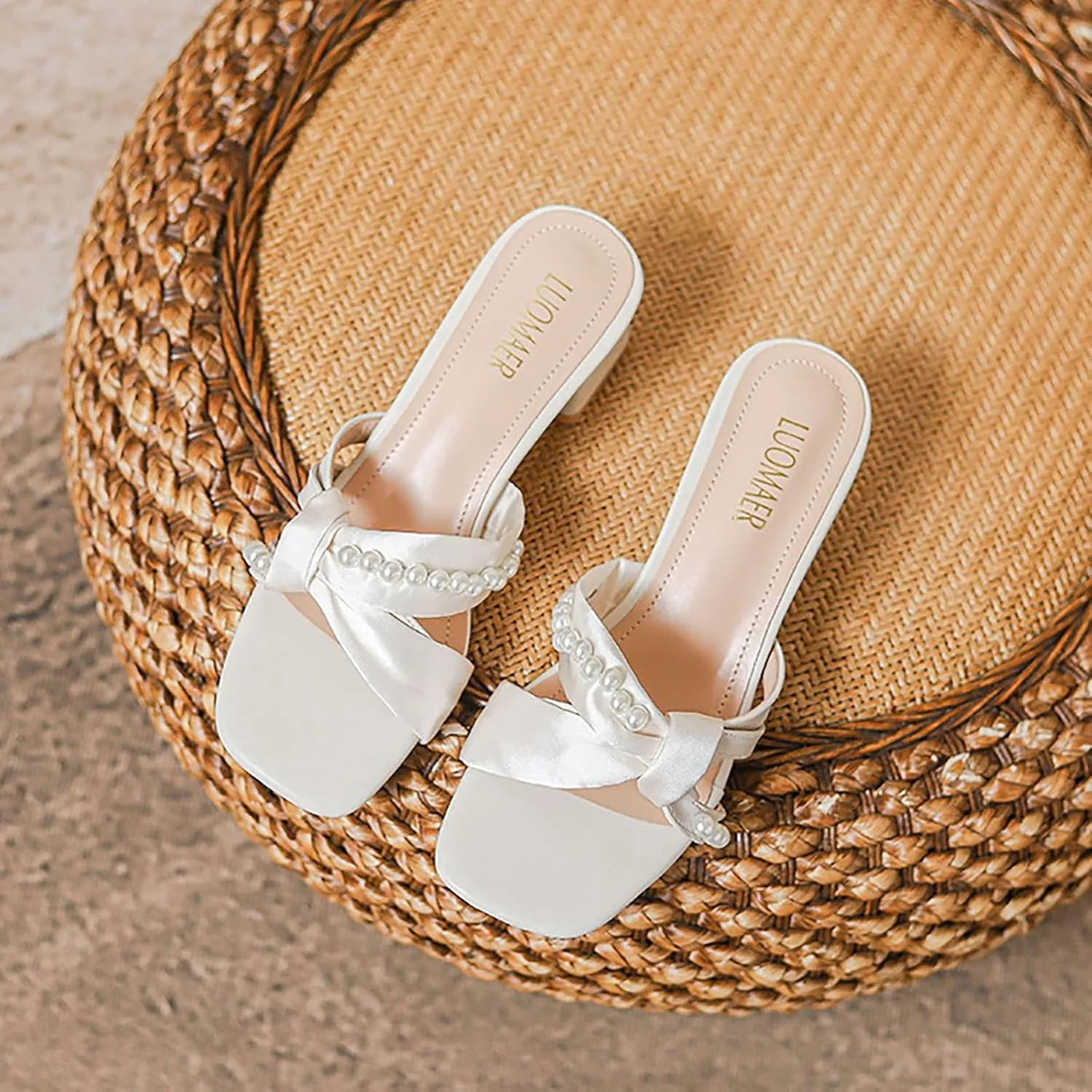 Women's Pearl Bow Square Open Toe Mid Chunky Heel Walking Slide Sandals Slip On Fashion Elegant Comfort Low Block Heel Mule Sandals Wedding Party DressHeel Backless Sandal Shoes