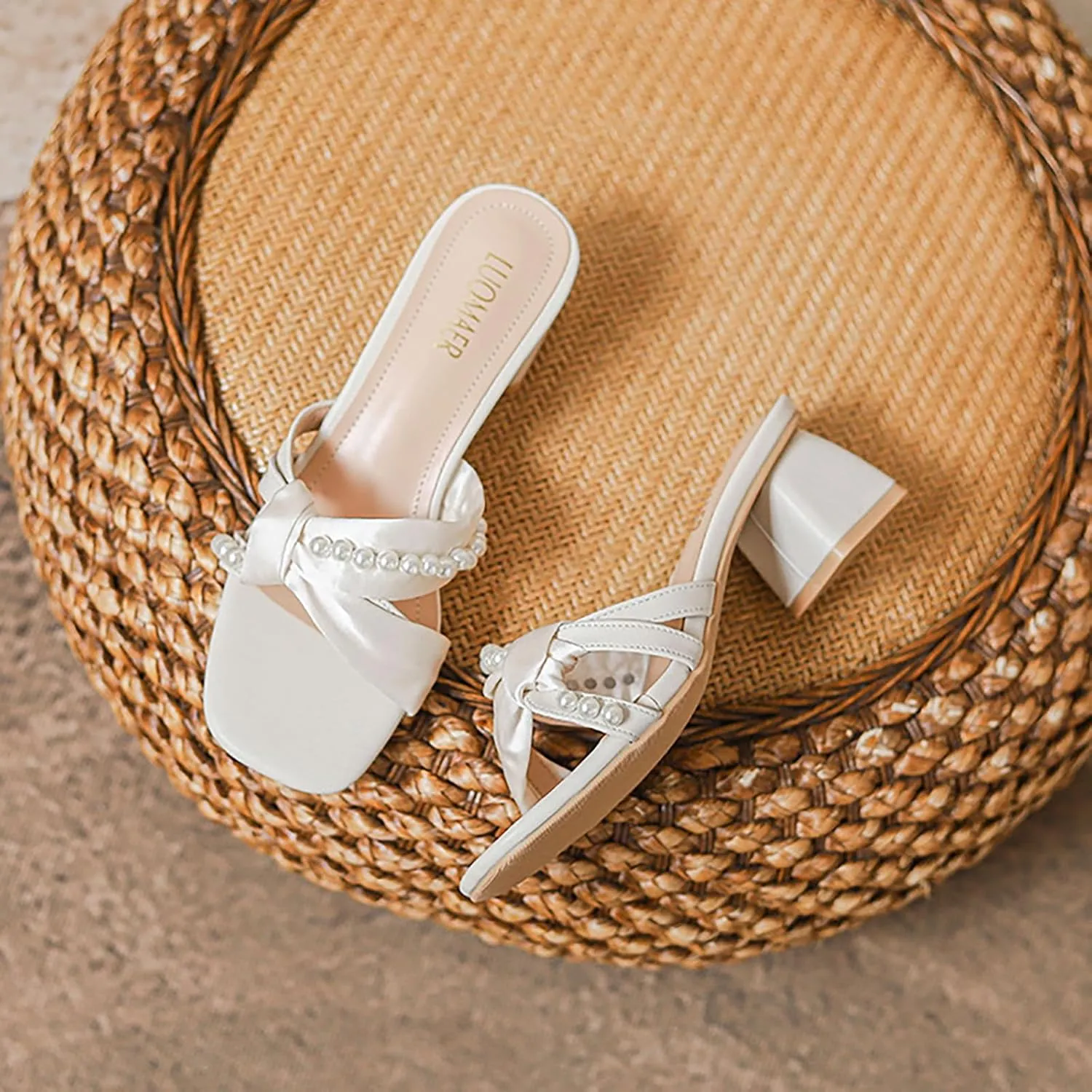 Women's Pearl Bow Square Open Toe Mid Chunky Heel Walking Slide Sandals Slip On Fashion Elegant Comfort Low Block Heel Mule Sandals Wedding Party DressHeel Backless Sandal Shoes