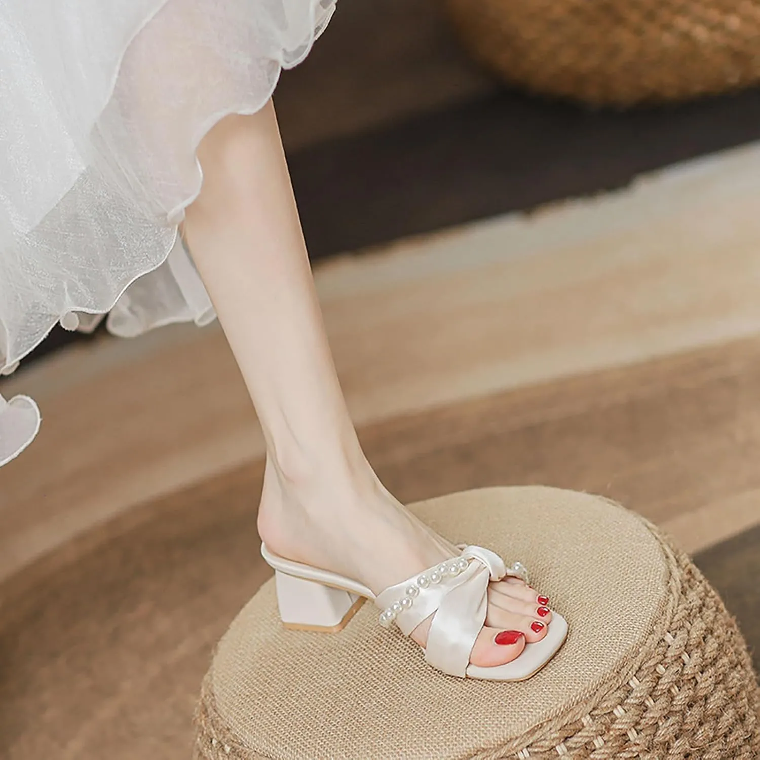 Women's Pearl Bow Square Open Toe Mid Chunky Heel Walking Slide Sandals Slip On Fashion Elegant Comfort Low Block Heel Mule Sandals Wedding Party DressHeel Backless Sandal Shoes