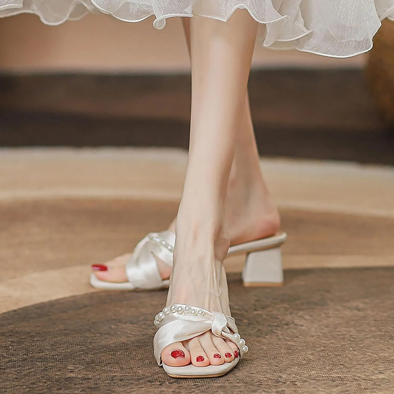 Women's Pearl Bow Square Open Toe Mid Chunky Heel Walking Slide Sandals Slip On Fashion Elegant Comfort Low Block Heel Mule Sandals Wedding Party DressHeel Backless Sandal Shoes