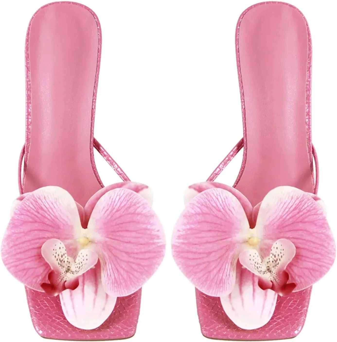 Women's Pink Square Toe Flower Mules - Orchid Heels Slip On 10cm Thin Heels
