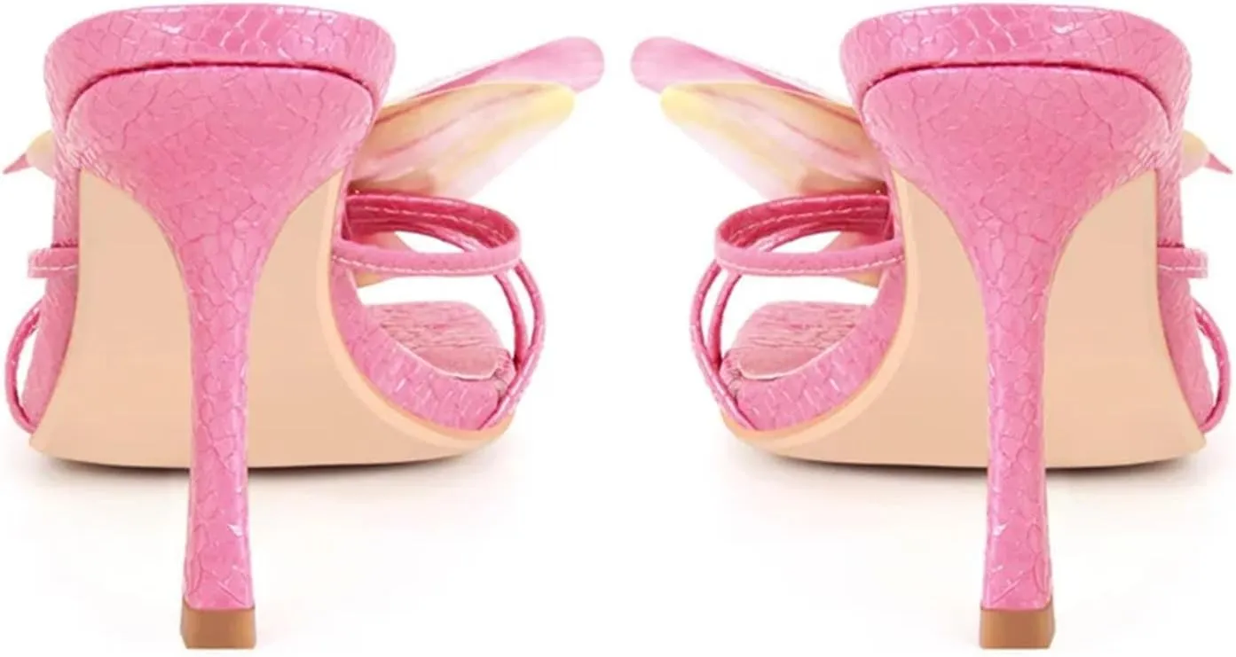 Women's Pink Square Toe Flower Mules - Orchid Heels Slip On 10cm Thin Heels