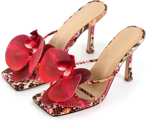 Women's Pink Square Toe Flower Mules - Orchid Heels Slip On 10cm Thin Heels