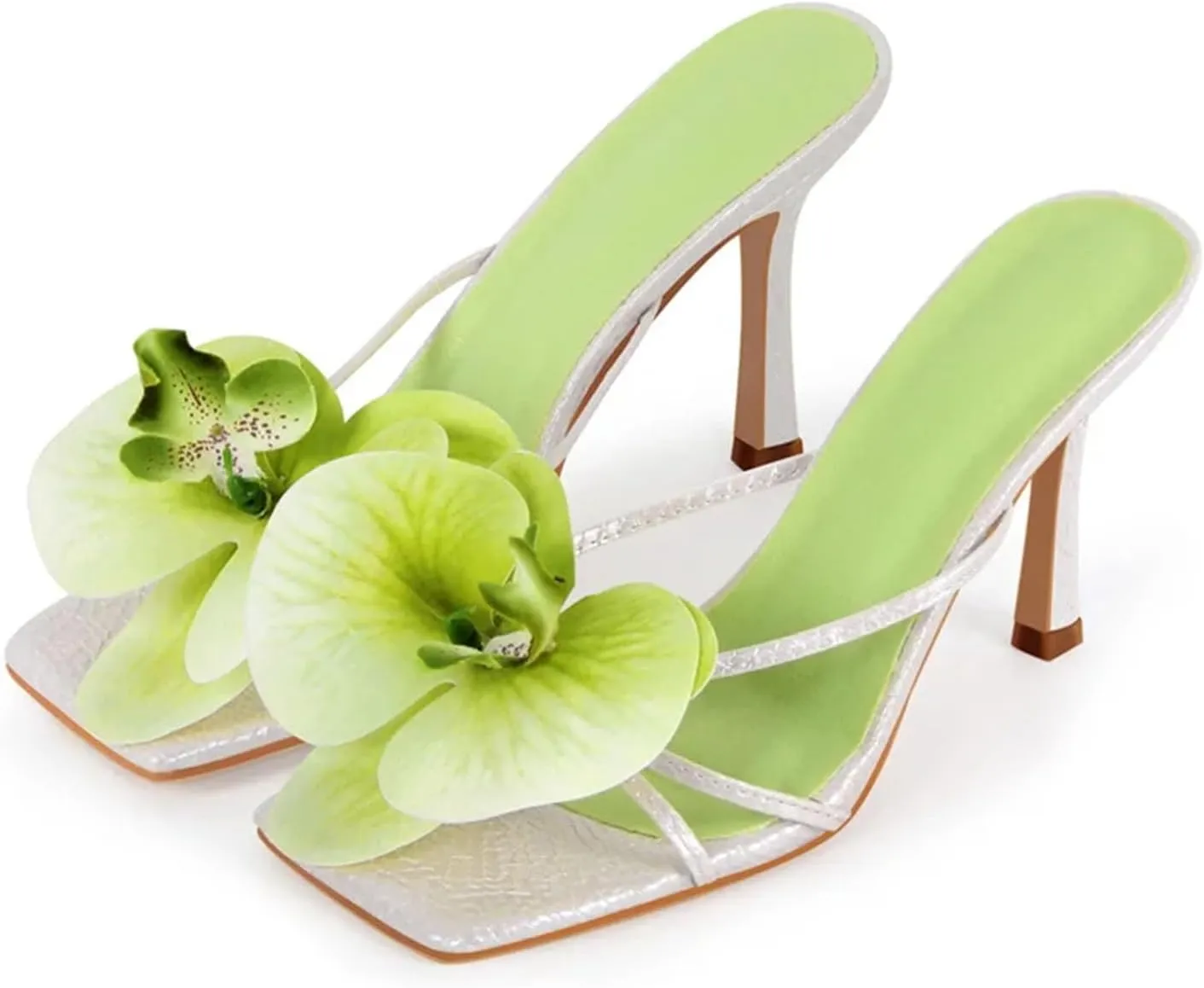 Women's Pink Square Toe Flower Mules - Orchid Heels Slip On 10cm Thin Heels