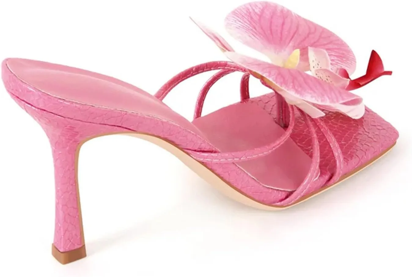 Women's Pink Square Toe Flower Mules - Orchid Heels Slip On 10cm Thin Heels
