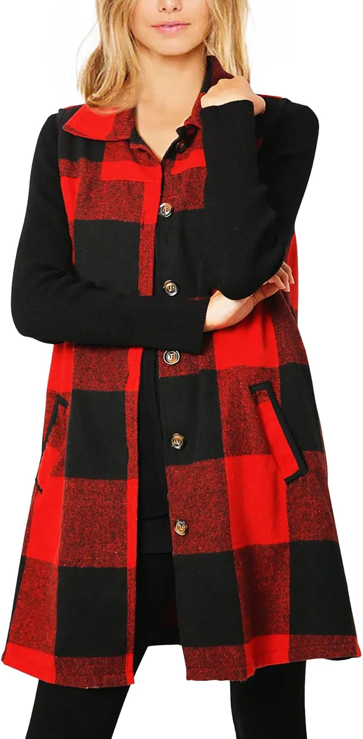 Women's Plaid Vest Buffalo Casual Lapel Open Front Sleeveless Cardigan Jacket Coat with Pockets