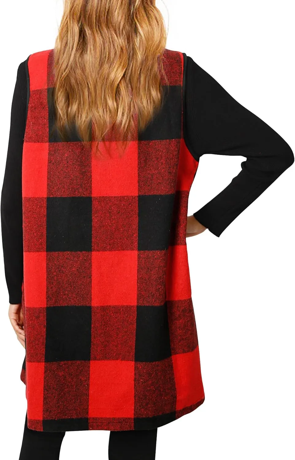 Women's Plaid Vest Buffalo Casual Lapel Open Front Sleeveless Cardigan Jacket Coat with Pockets