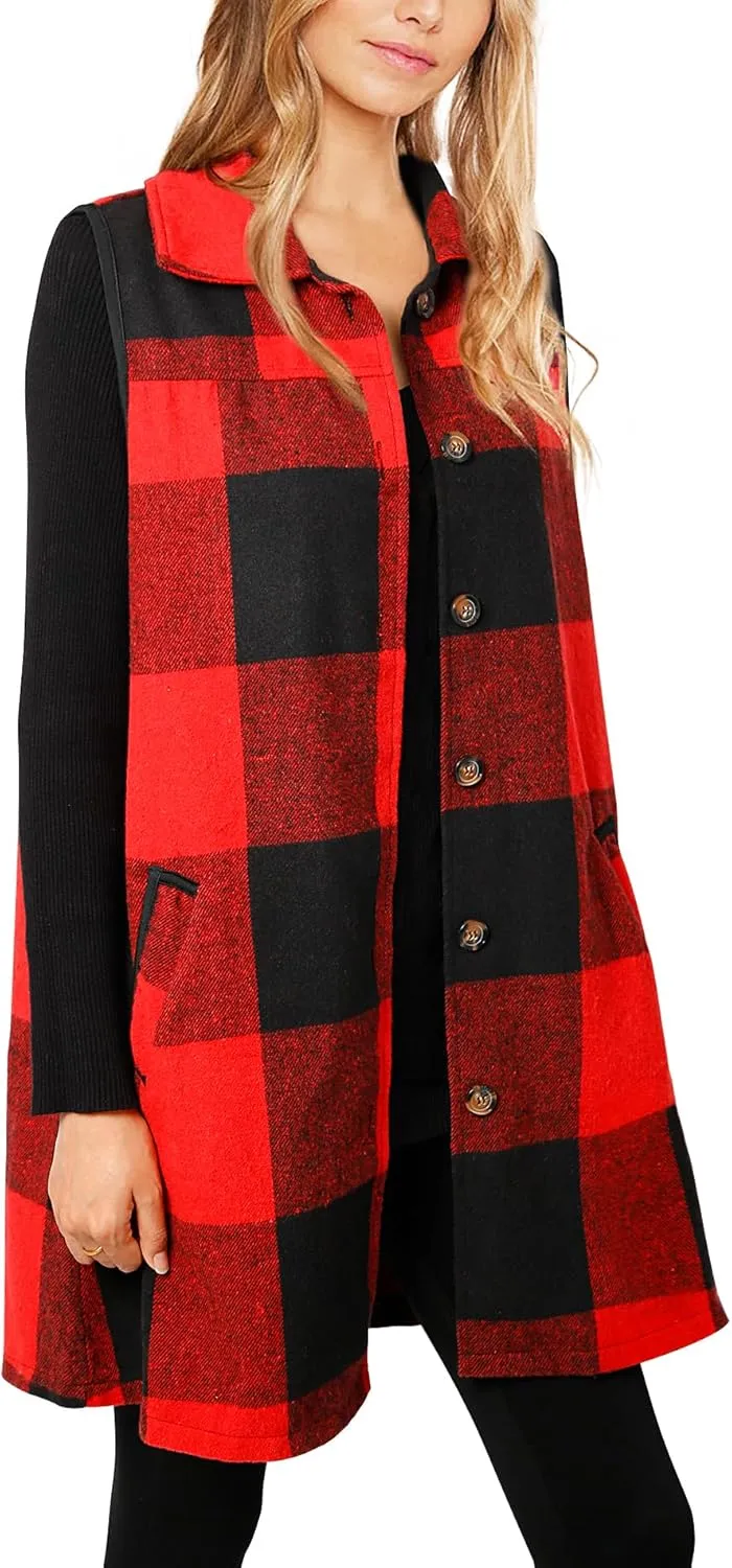 Women's Plaid Vest Buffalo Casual Lapel Open Front Sleeveless Cardigan Jacket Coat with Pockets