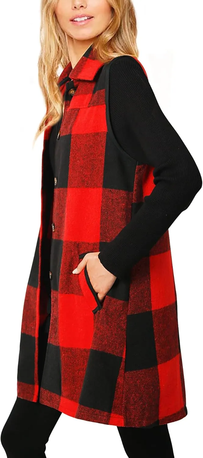 Women's Plaid Vest Buffalo Casual Lapel Open Front Sleeveless Cardigan Jacket Coat with Pockets