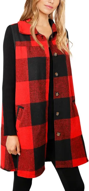Women's Plaid Vest Buffalo Casual Lapel Open Front Sleeveless Cardigan Jacket Coat with Pockets