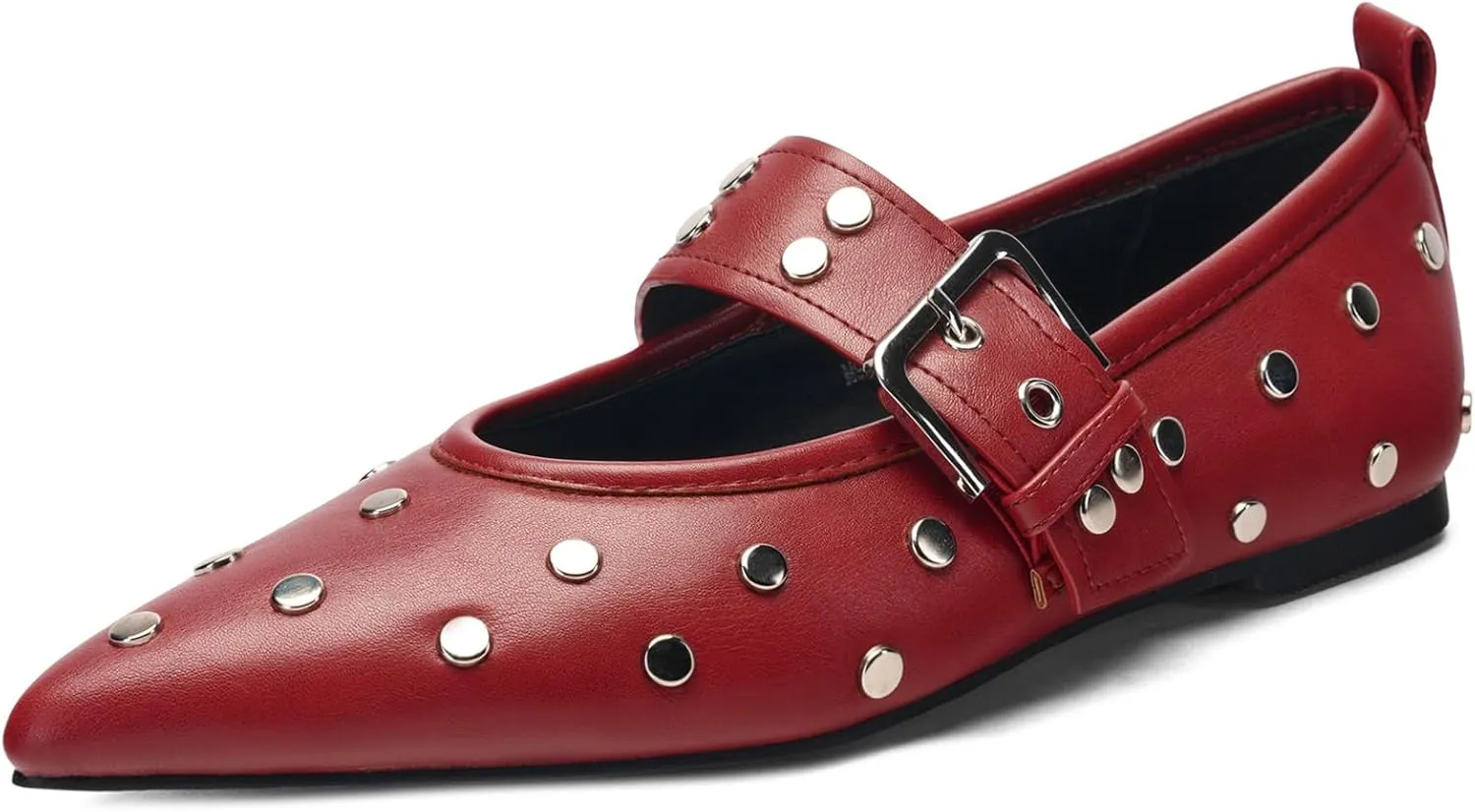 Women's Pointed Toe Ballet Flats Rivet Mary Jane Flats with Adjutable Buckle Low Heel Comfortable Casual Dress Work Ballerina Flats Shoes Black Size 6