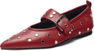 Women's Pointed Toe Ballet Flats Rivet Mary Jane Flats with Adjutable Buckle Low Heel Comfortable Casual Dress Work Ballerina Flats Shoes Black Size 6