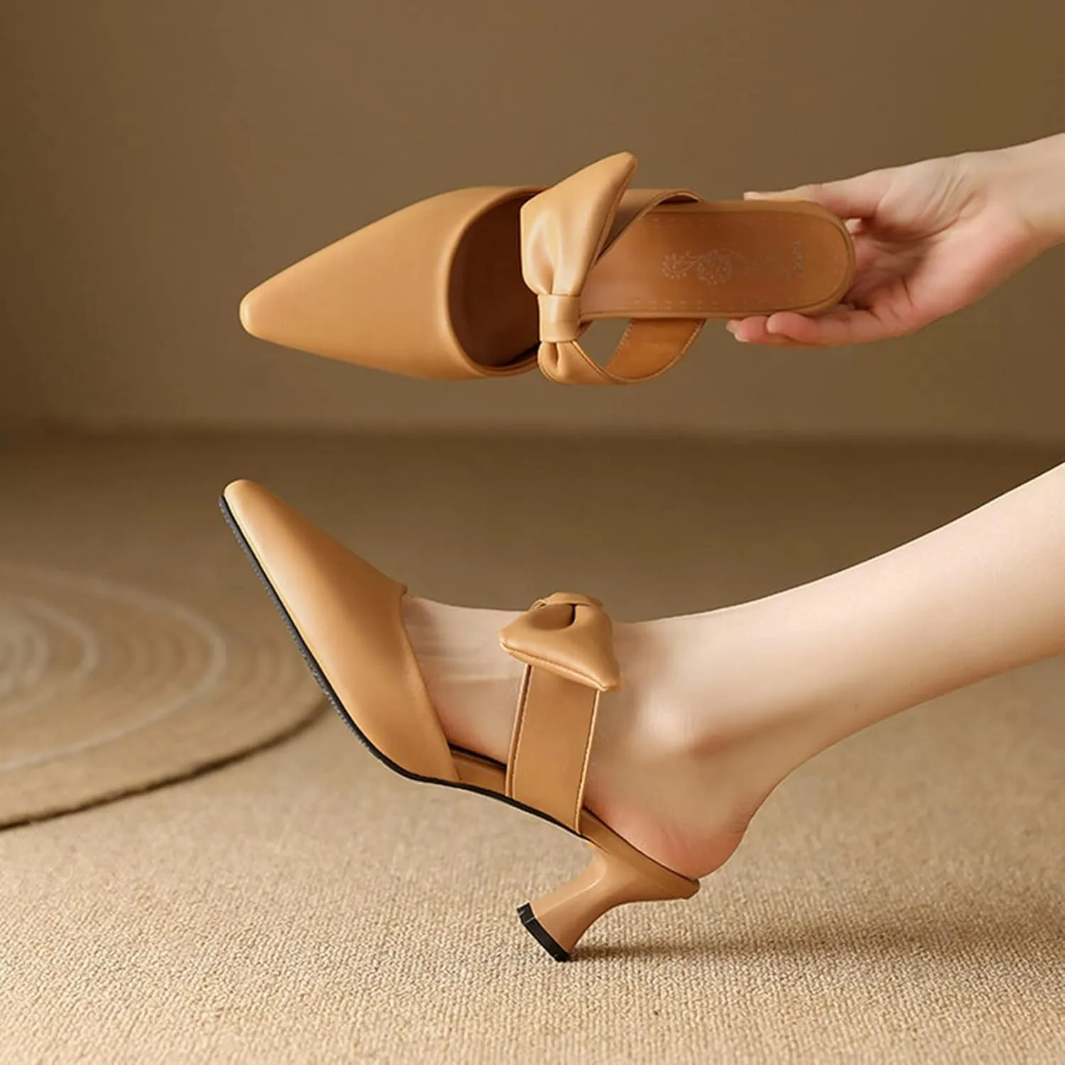 Womens Pointed Toe Bow Mules Mid Heel Slip On Backless Kitten Chunky Heel Comfy Slide Mule Shoes