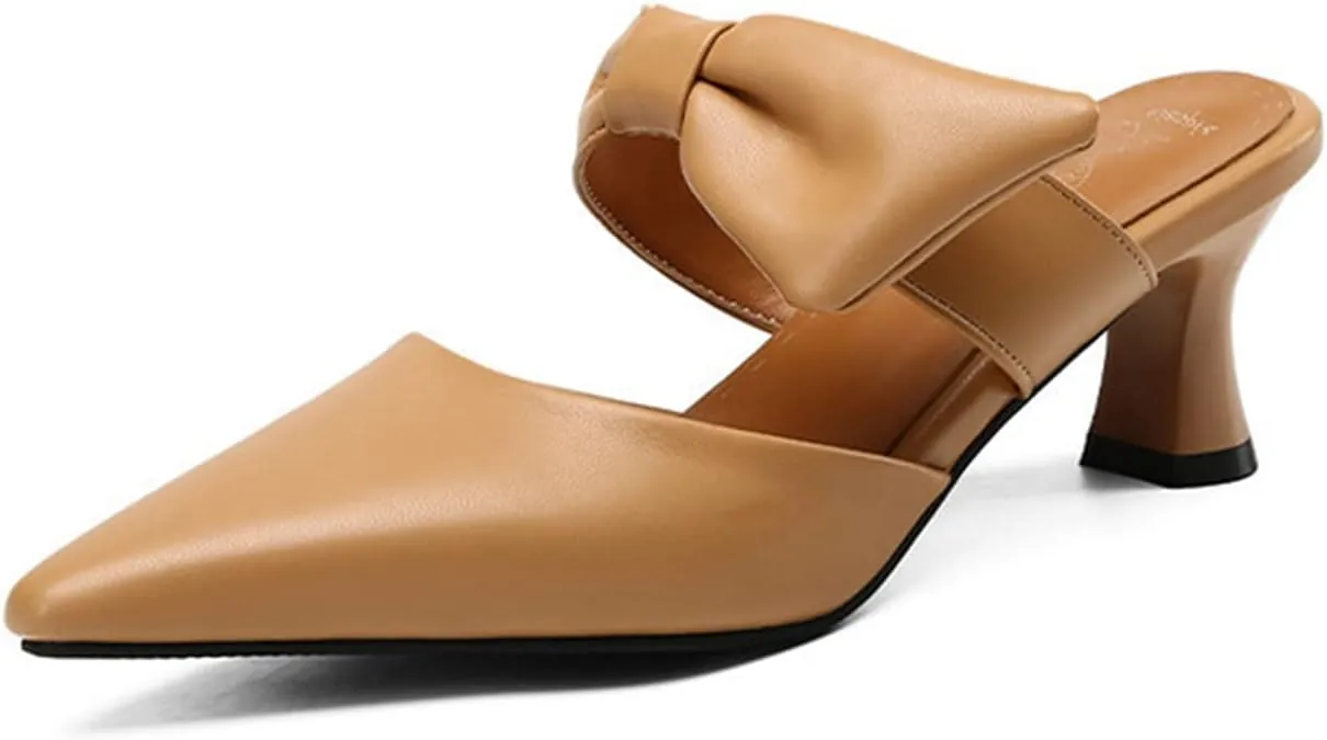 Womens Pointed Toe Bow Mules Mid Heel Slip On Backless Kitten Chunky Heel Comfy Slide Mule Shoes