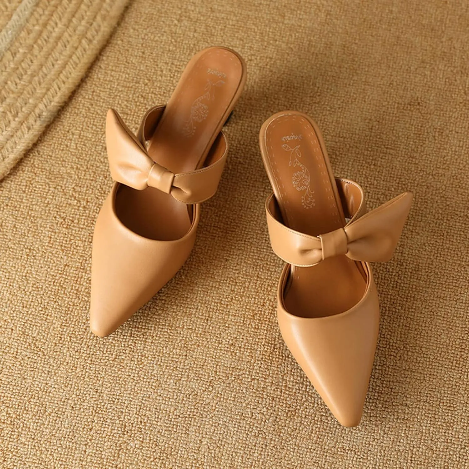 Womens Pointed Toe Bow Mules Mid Heel Slip On Backless Kitten Chunky Heel Comfy Slide Mule Shoes