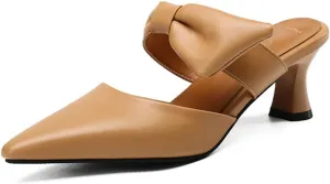 Womens Pointed Toe Bow Mules Mid Heel Slip On Backless Kitten Chunky Heel Comfy Slide Mule Shoes