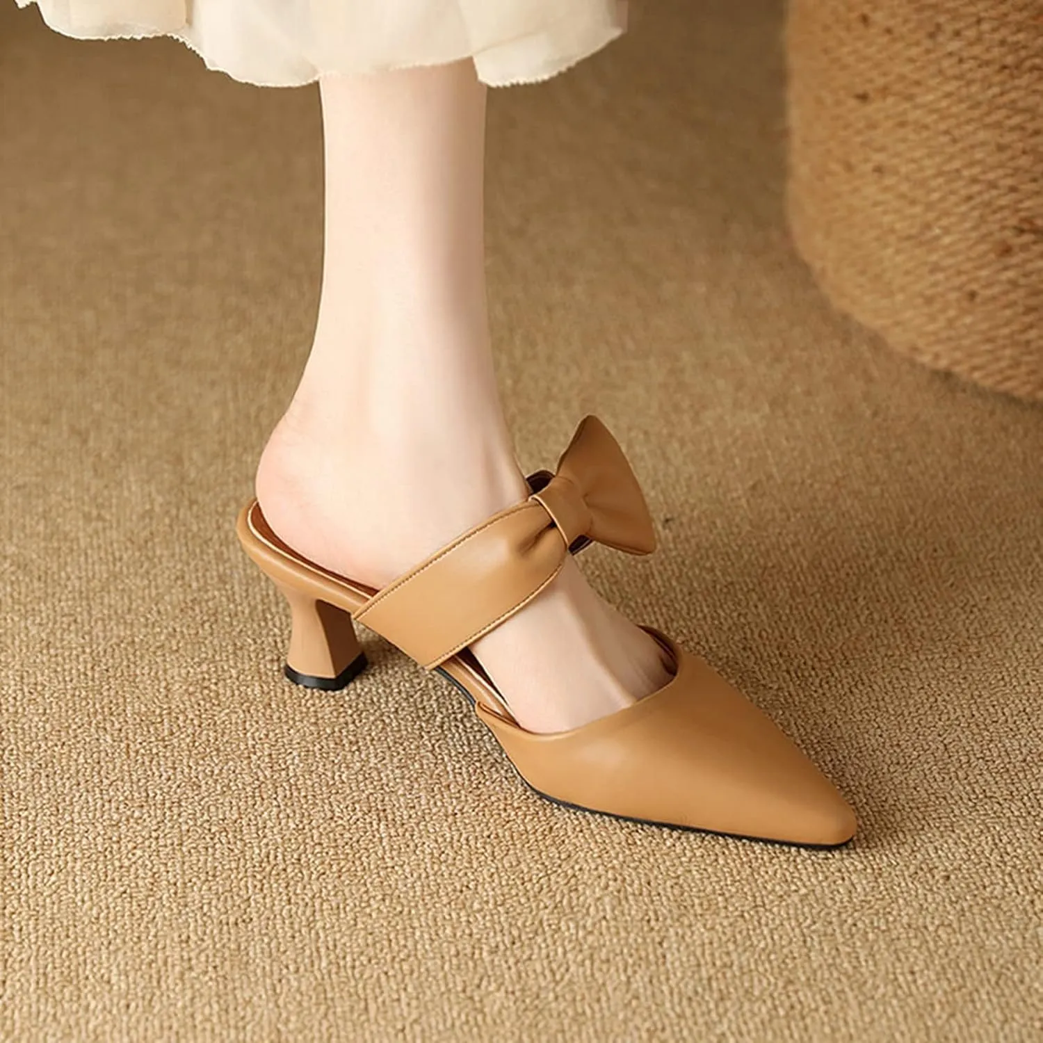 Womens Pointed Toe Bow Mules Mid Heel Slip On Backless Kitten Chunky Heel Comfy Slide Mule Shoes