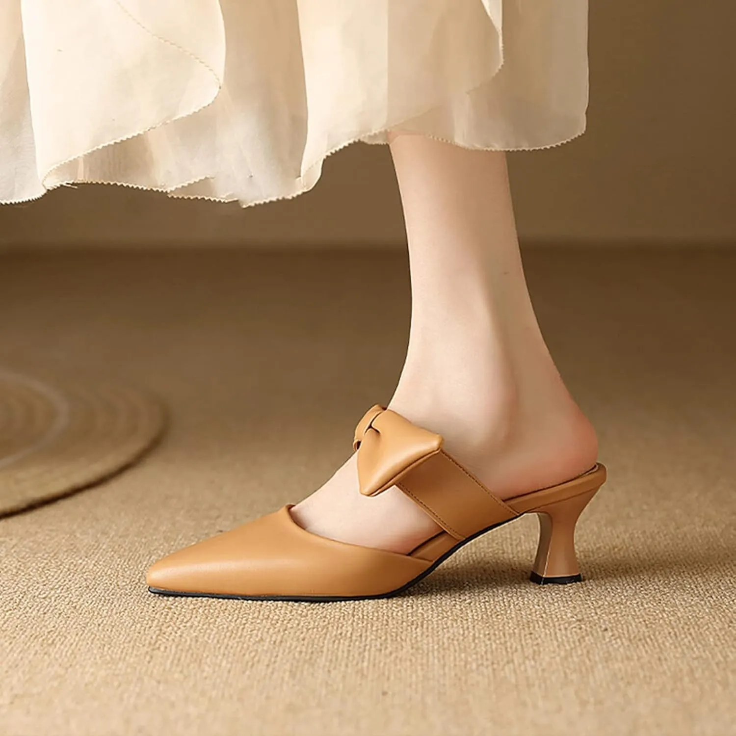 Womens Pointed Toe Bow Mules Mid Heel Slip On Backless Kitten Chunky Heel Comfy Slide Mule Shoes