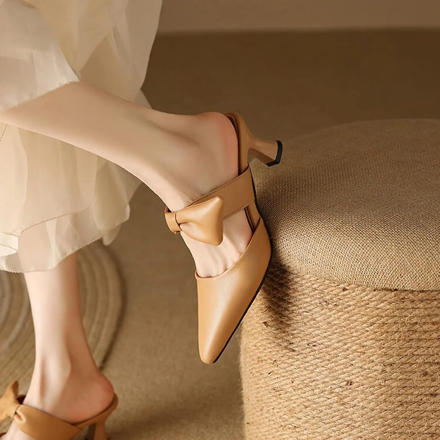 Womens Pointed Toe Bow Mules Mid Heel Slip On Backless Kitten Chunky Heel Comfy Slide Mule Shoes