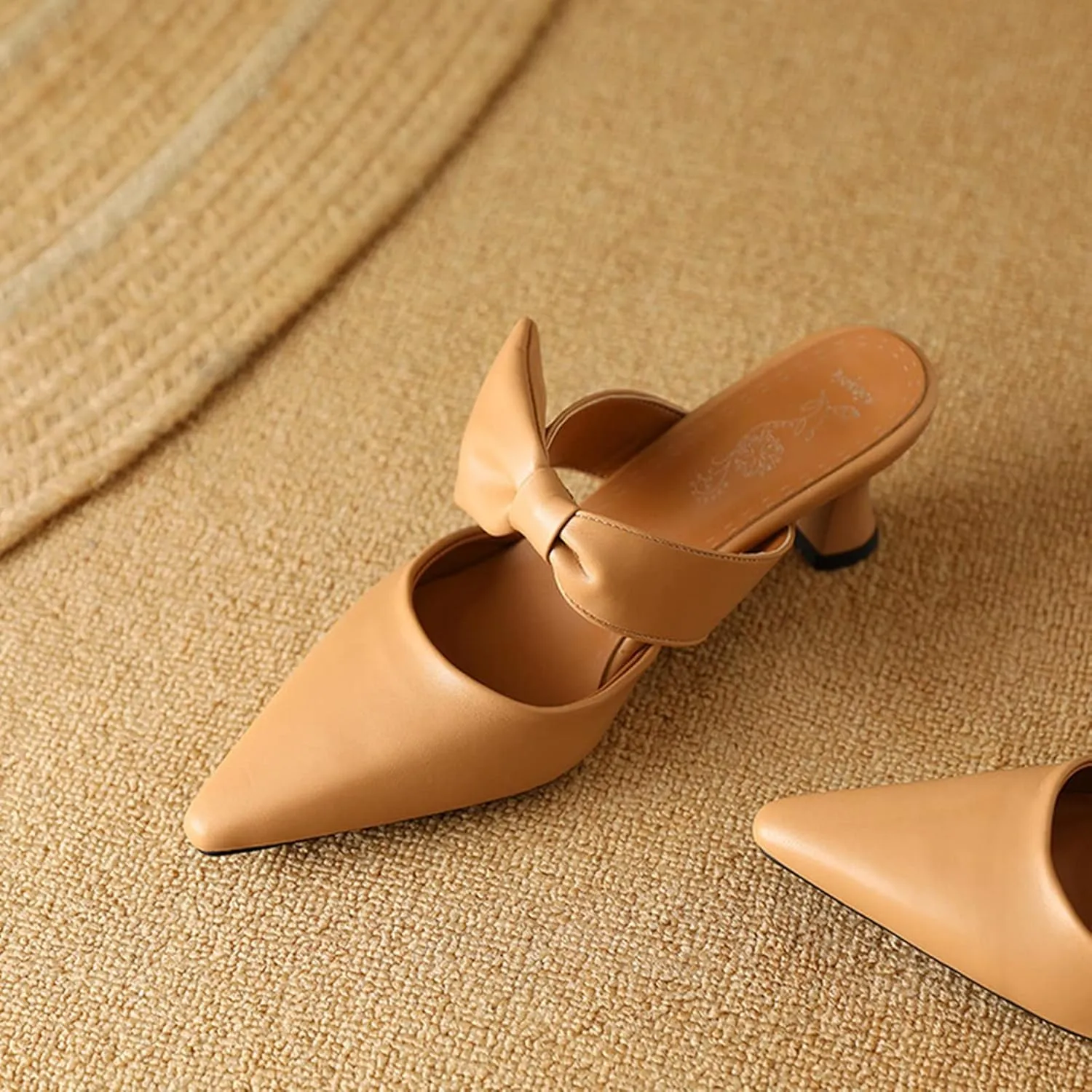 Womens Pointed Toe Bow Mules Mid Heel Slip On Backless Kitten Chunky Heel Comfy Slide Mule Shoes