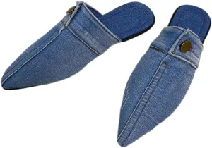 Women's Pointed Toe Cowboy Mule Slippers One Foot Stirrup Easy to put on and take off Fashionable, comfortable and lightweight Metal Button Decoration Flat Slippers