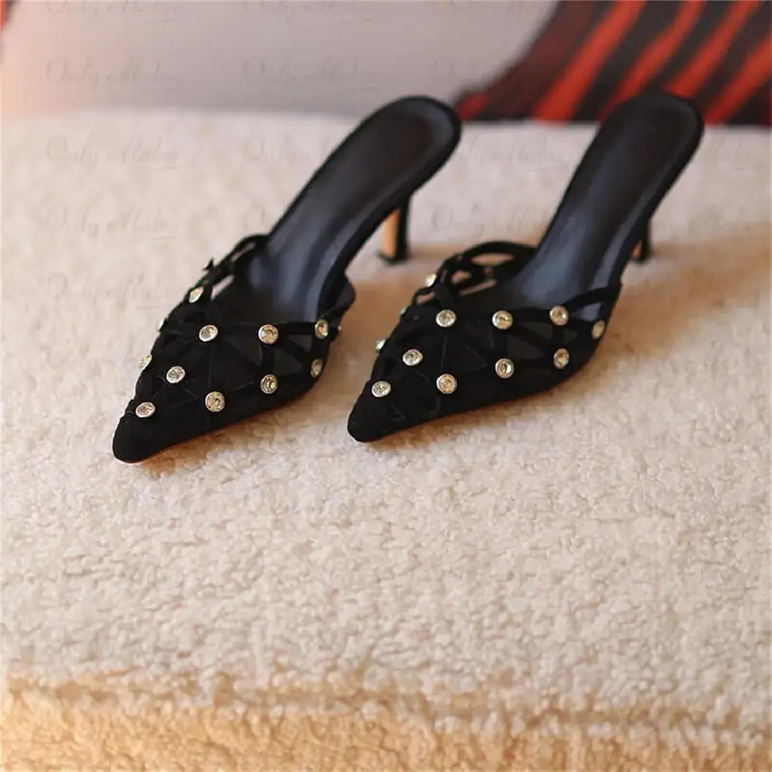 Women's Pointed Toe Mules - Slip On Thin Heel Classic Rhinestone Sandals