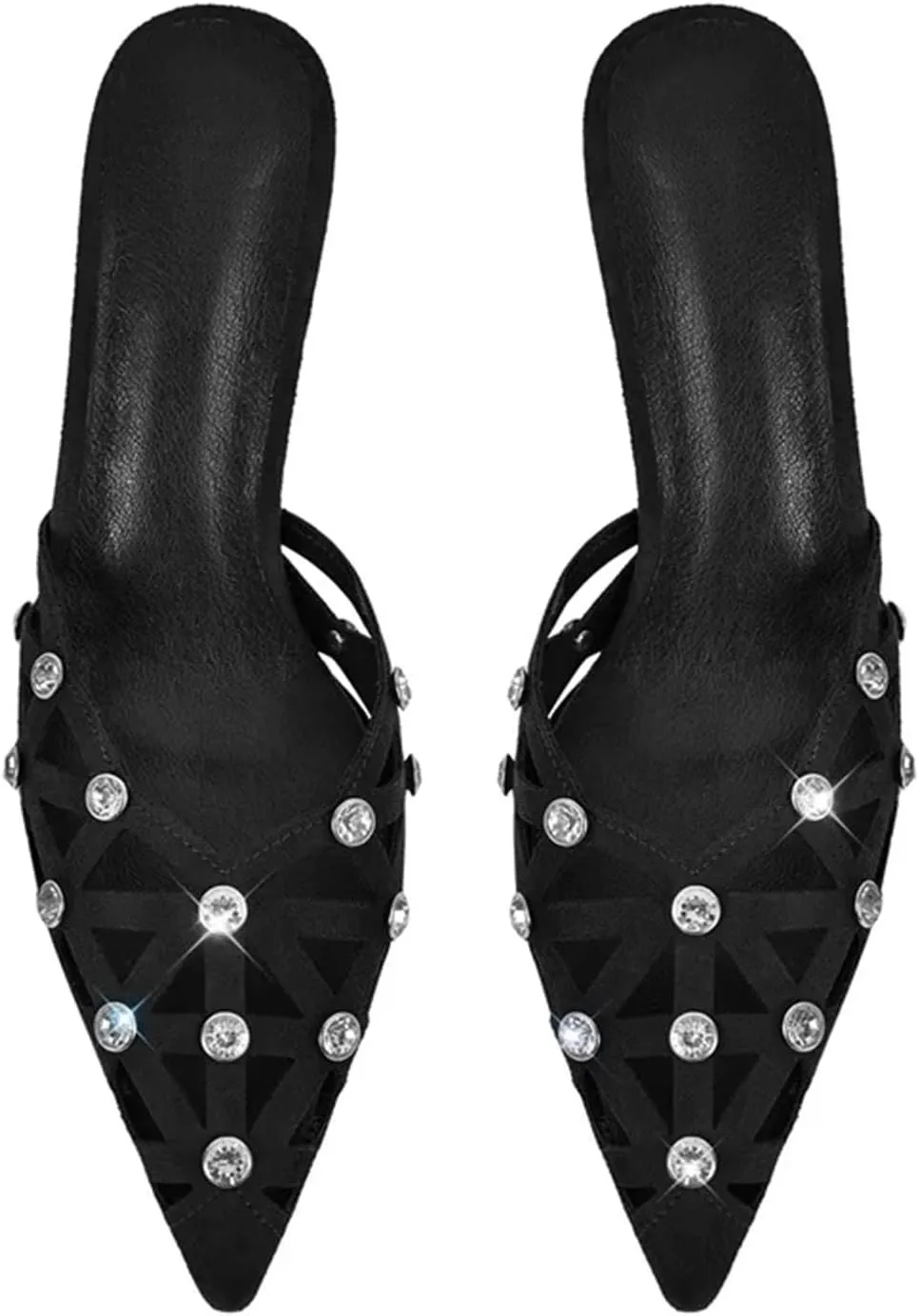 Women's Pointed Toe Mules - Slip On Thin Heel Classic Rhinestone Sandals
