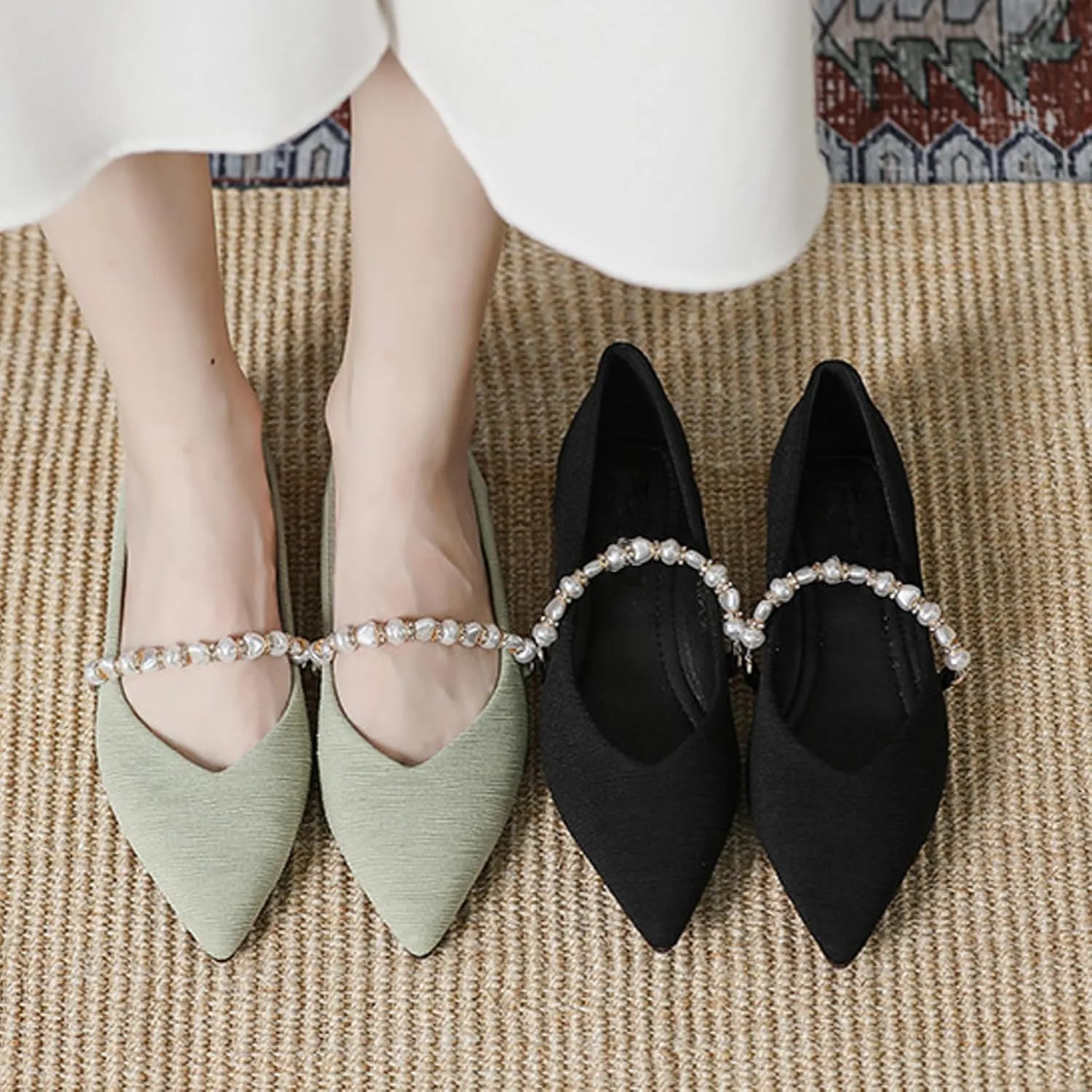 Women's Pointed Toe Pearl Flat Mary Jane Shoes Casual Slip-on Comfort Ballet Flats Shoes for Banquet Party