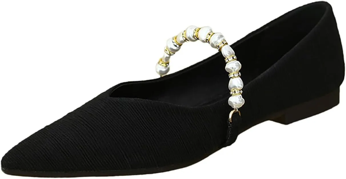 Women's Pointed Toe Pearl Flat Mary Jane Shoes Casual Slip-on Comfort Ballet Flats Shoes for Banquet Party